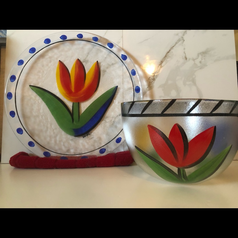 Kosta Boda Tulips Large Bowl Platter SET Ulrica Hydman-Vallien Textured painted